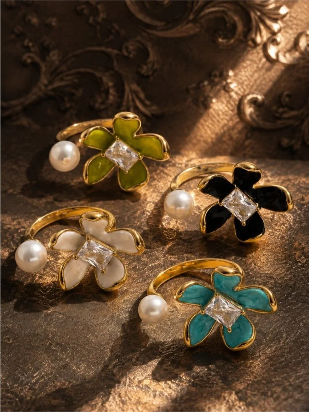 Gold plated Ring with Turquoise Enamel Flower and Pearl